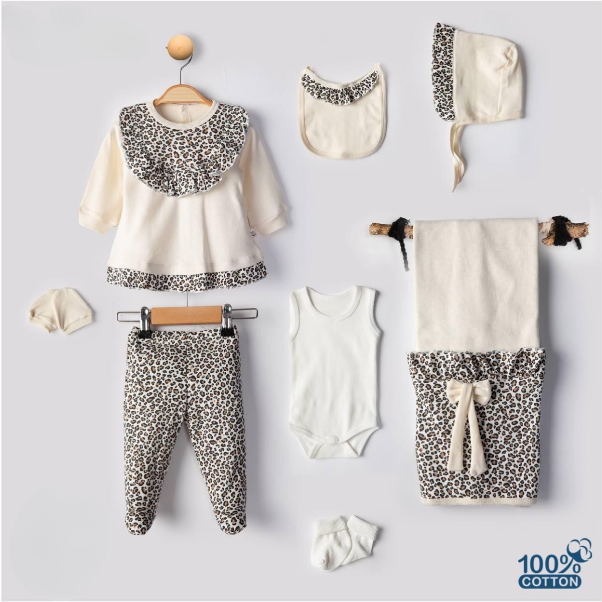 Set 7pz bimba Completo con Dettagli Leopardati 100% cotone 0-3 mesi