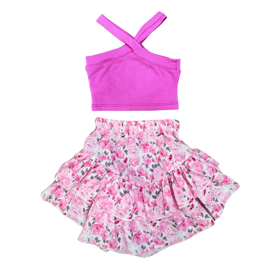 Set Estivo Bambina con Top Rosa e Gonna a Balze Floreale