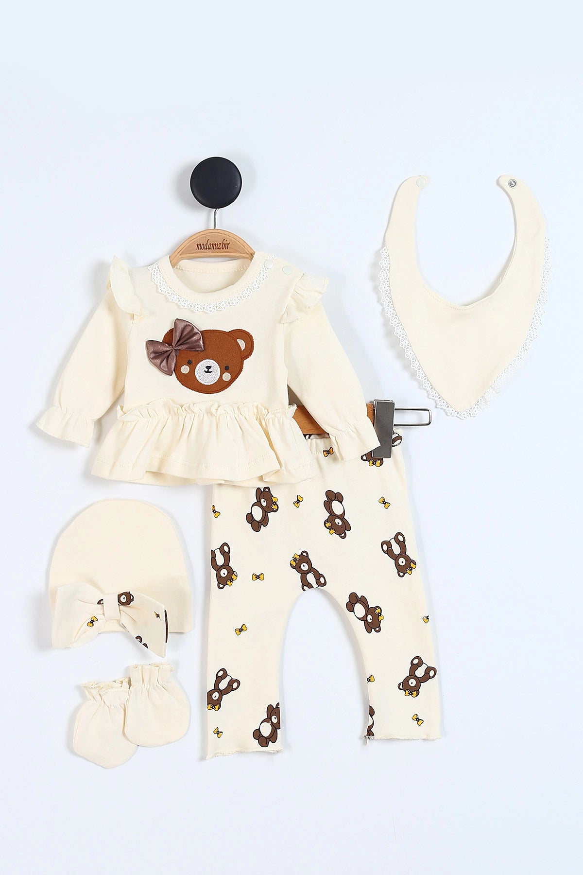 Set Neonata/ Bimba Orsetto 5 Pezzi con Maglia, Pantaloni e Accessori Beige