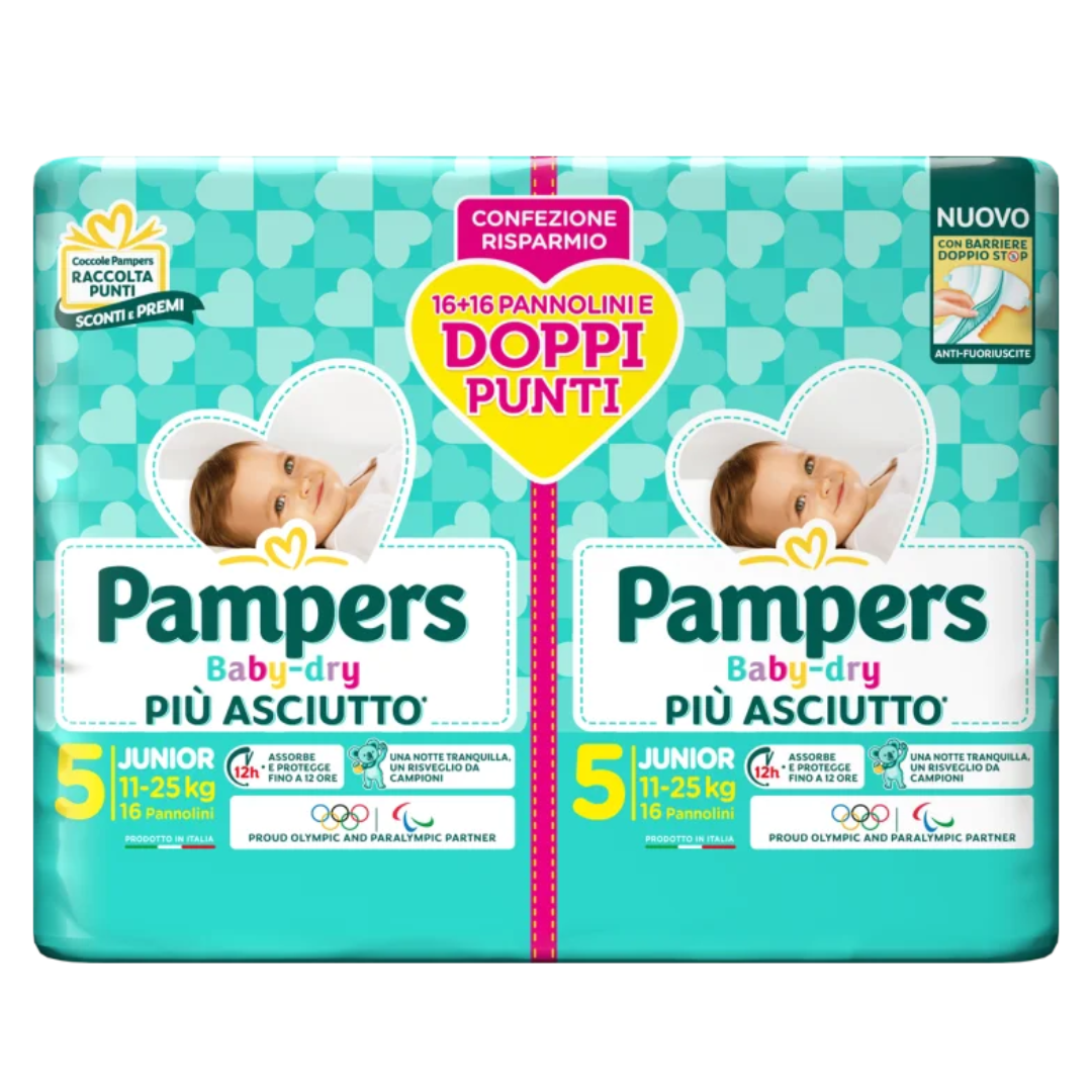 Pampers Baby-dry 5 couches double paquet 32 pièces.