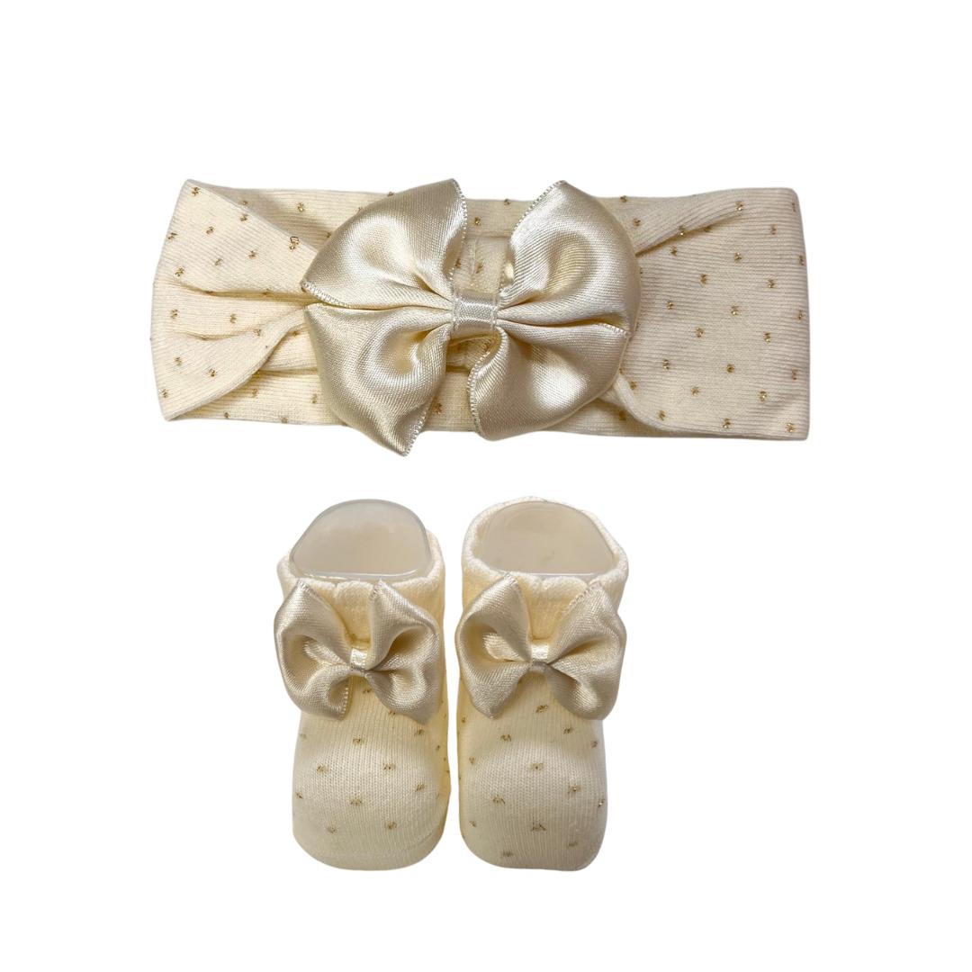 Scarpette + Fascia bimba oro a pois cotone