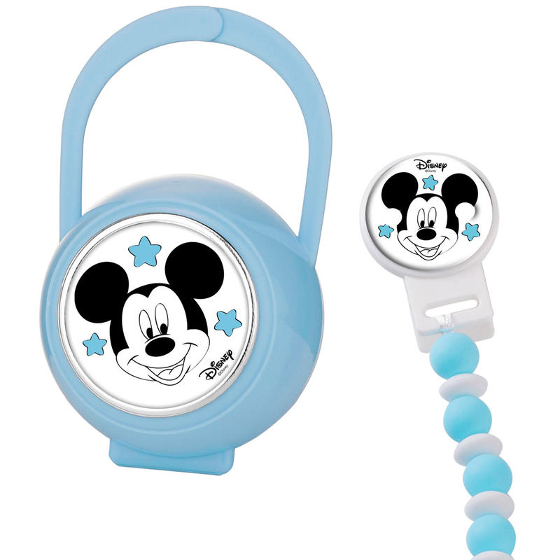 Porta chupete y cadena azul mickey mouse