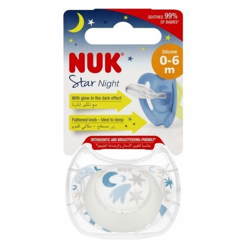 Ciuccio Nuk STAR NIGHT SILICONE 0-6m 1PC azzurro con stelle