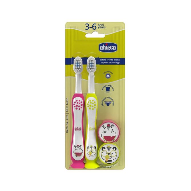 Spazzolino chicco ippopotamo e panda 3-6anni giallo-fucsia 2pz