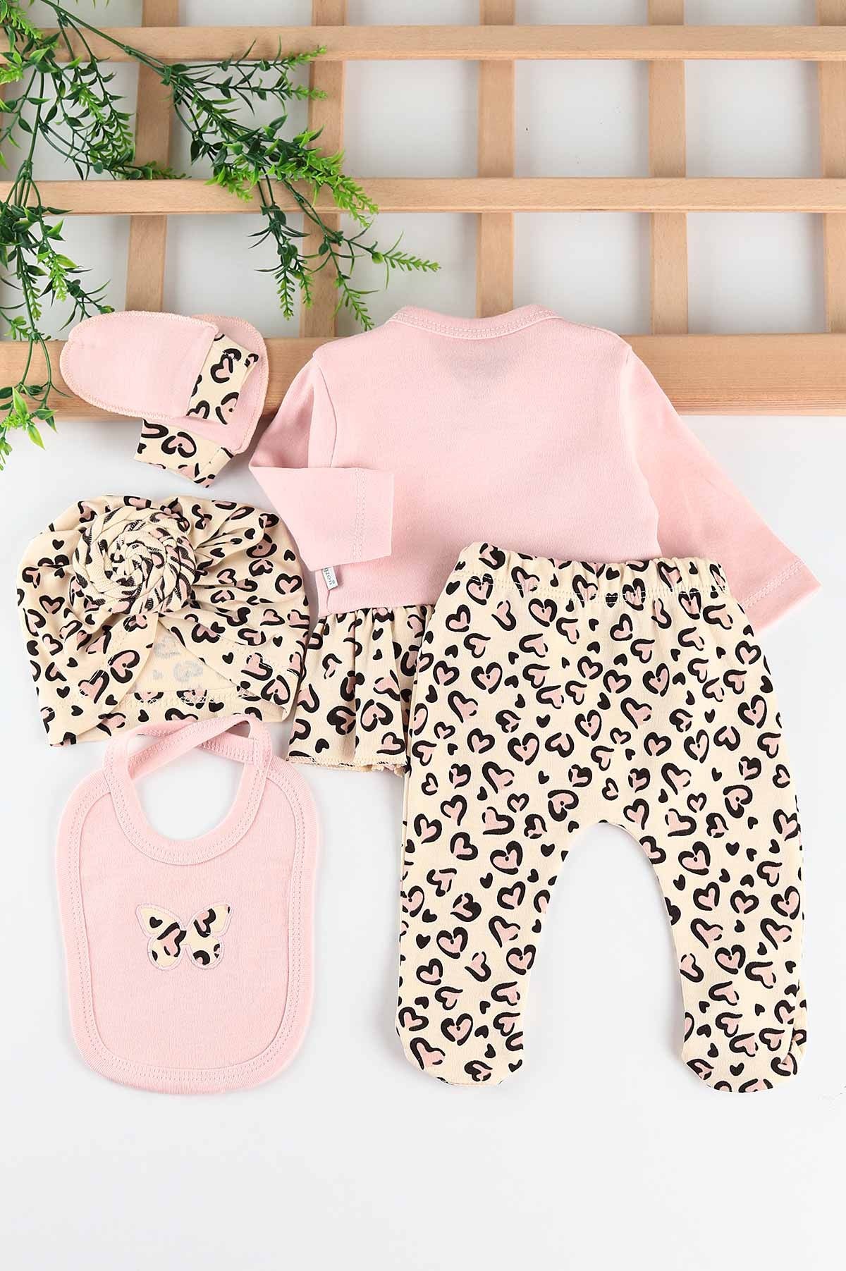 Set Neonata/ Bimba 5 pezzi Cotone Leopardato "Butterfly Chic" Rosa
