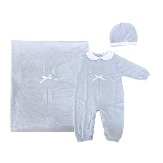 Set Copertina, tutina e cappellino azzurro in filo