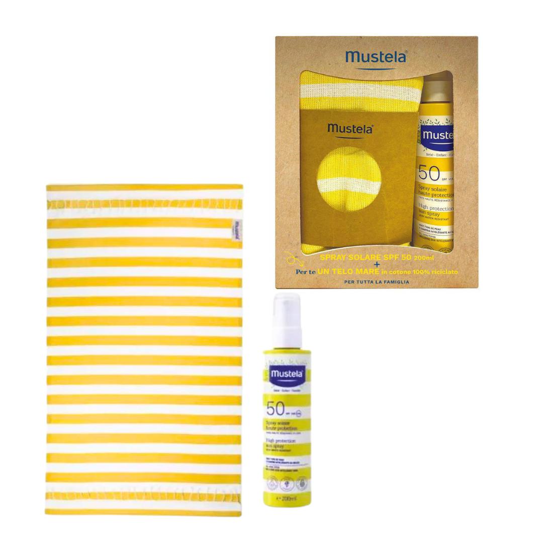 50 spray solar con toalla de playa Mustela 100 algodón