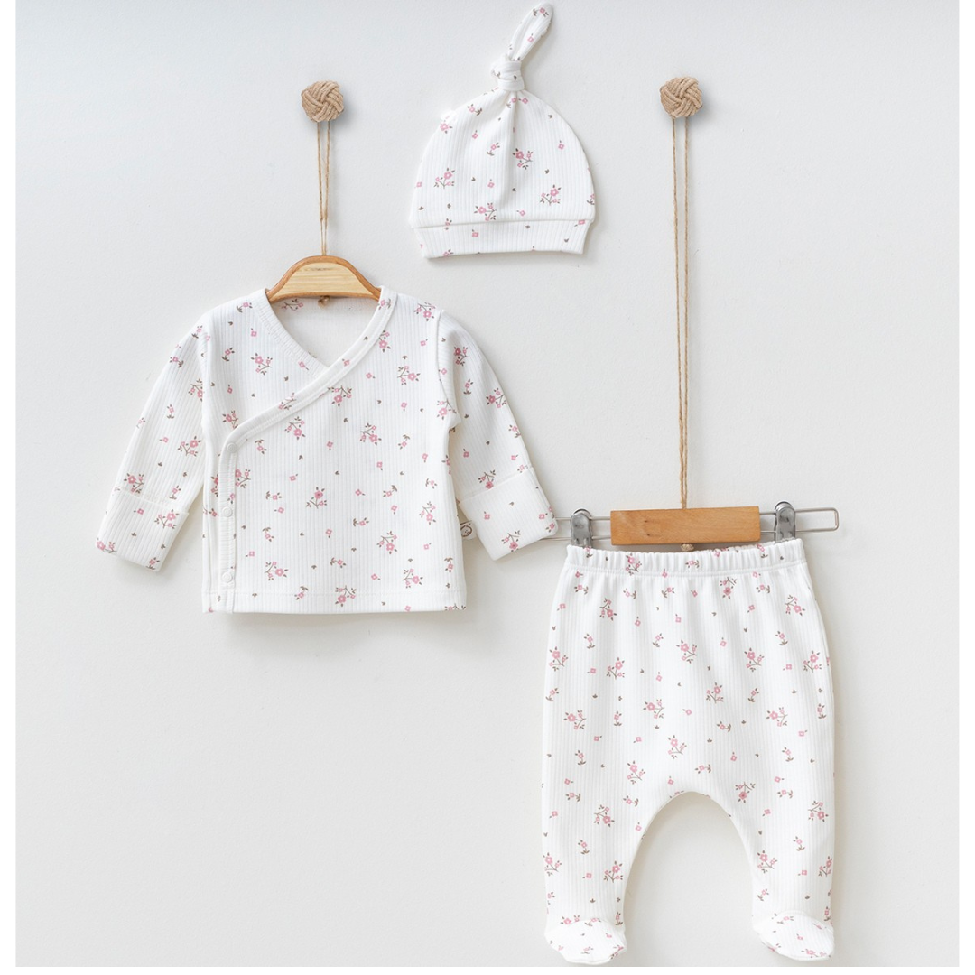 Set 3 pezzi Neonata/ bimba in Cotone con Fiori bianco