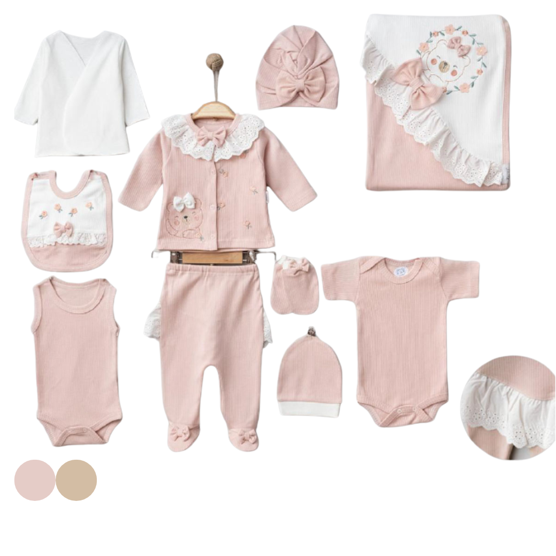 Set 10pz bimba con Dettagli in Pizzo orsetto 100% cotone 0-3 mesi