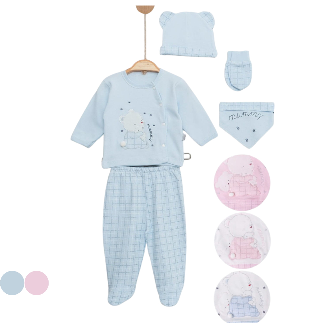 Set Nascita Bimbo/ bimba in cotone 5pz con orsetto e accessori