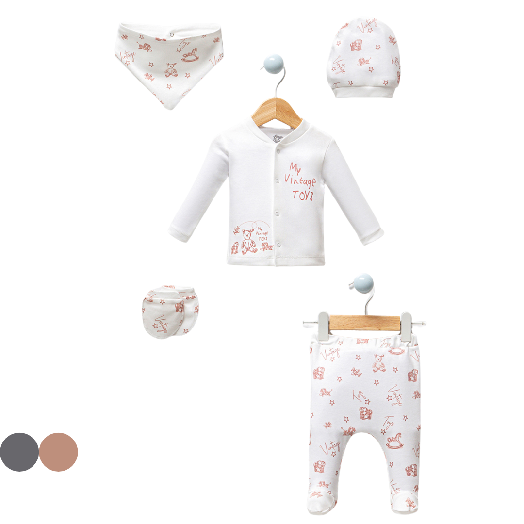 Set Neutro Bimbo/ bimba 5pz con Stampa Vintage 0-3 mesi