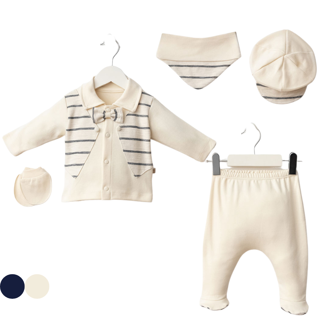 Set Neonato/ Bimbo 5pz 100% cotone con Dettagli a Righe 0-3 mesi