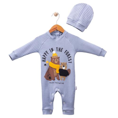 Combinaison + bonnet bébé en coton bleu chaud