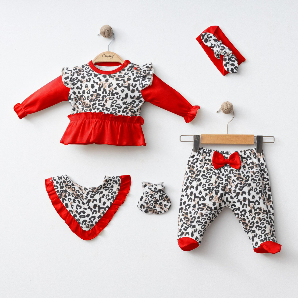 Set Neonata/ Bimba 5 pezzi Leopardato Rosso in Cotone