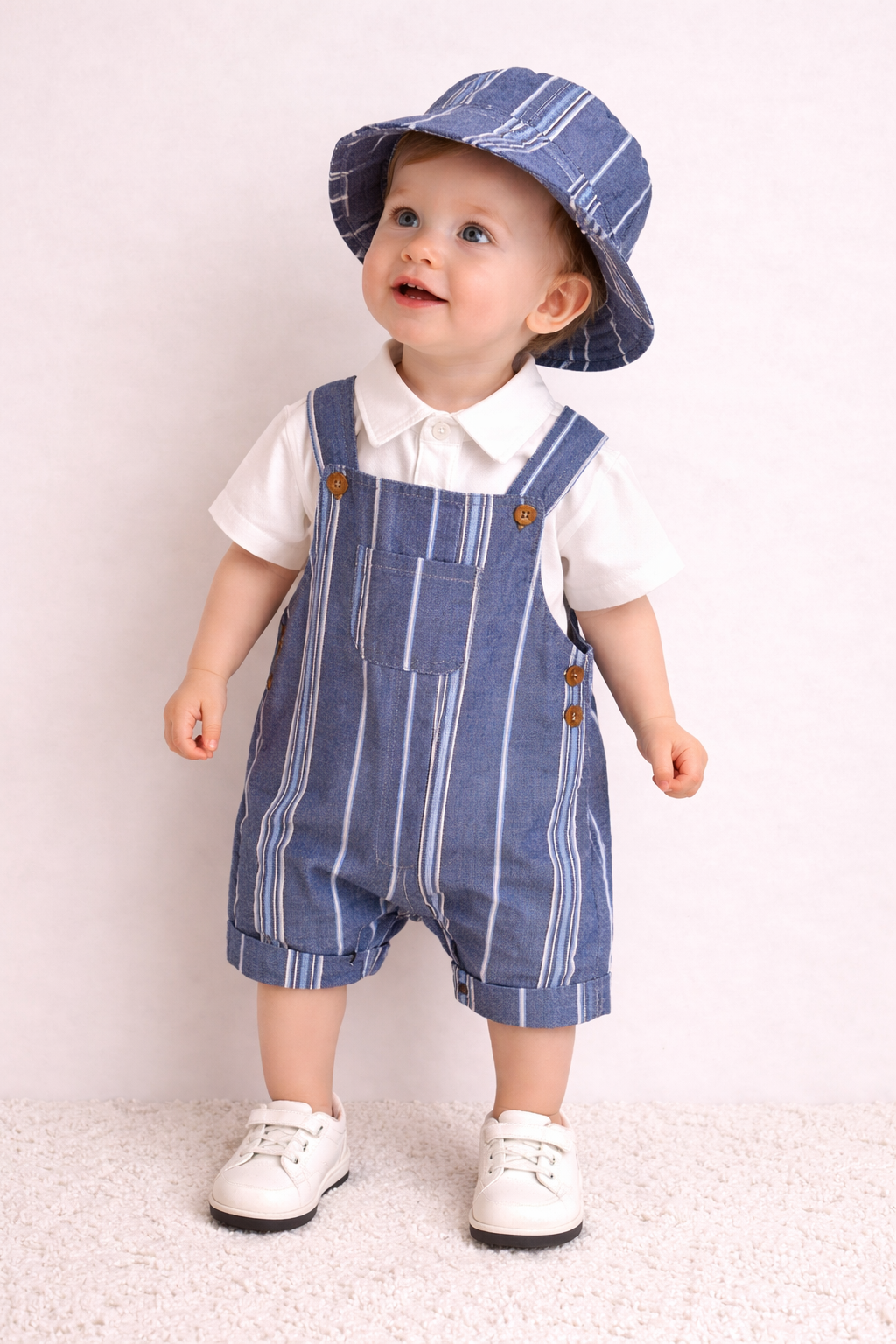 Completo Bambino con Salopette a Righe e Cappello Coordinato 100% cotone