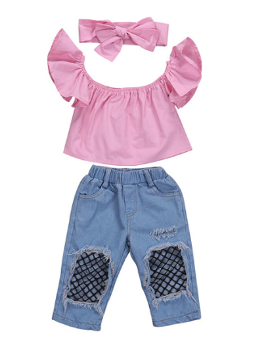 Set Bambina alla Moda: Top Rosa con Volant e Jeans Strappati