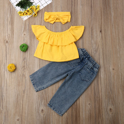 Completo 2pz  bimba  Top Giallo con Balze e Jeans Strappati