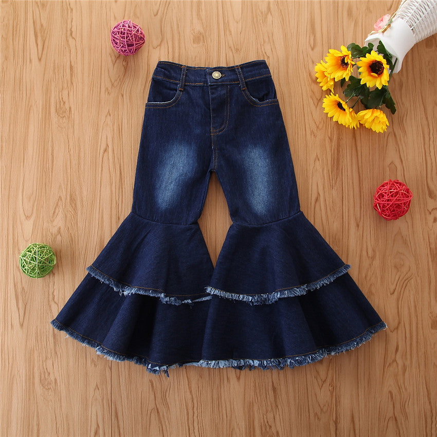 Jeans Bambina Blu a Zampa con Doppio Volant Sfrangiato