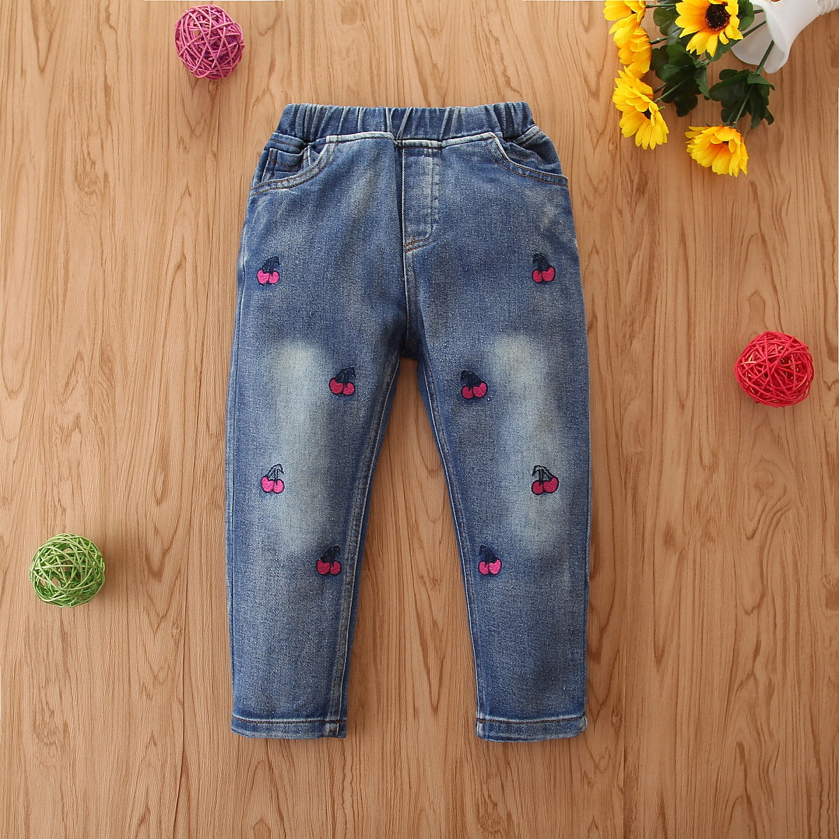 Jeans Bambina Blu con Ricami di Ciliegie