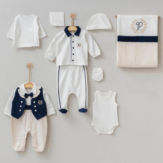 Set Neonato Elegante 10 Pezzi  Bianco e Blu con Dettagli da Cerimonia