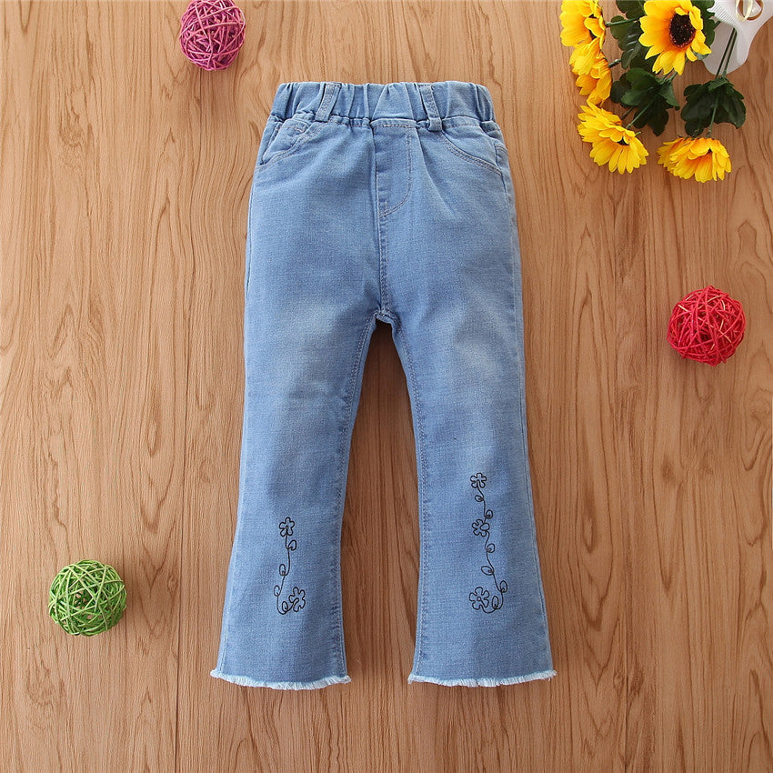 Jeans Bambina Azzurri a Zampa con Ricami Floreali
