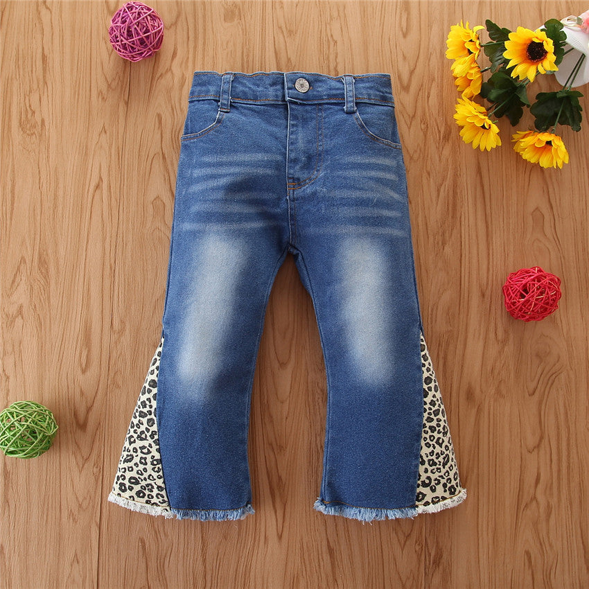 Jeans Bambina a Zampa con Inserti Animalier e Orlo Sfrangiato