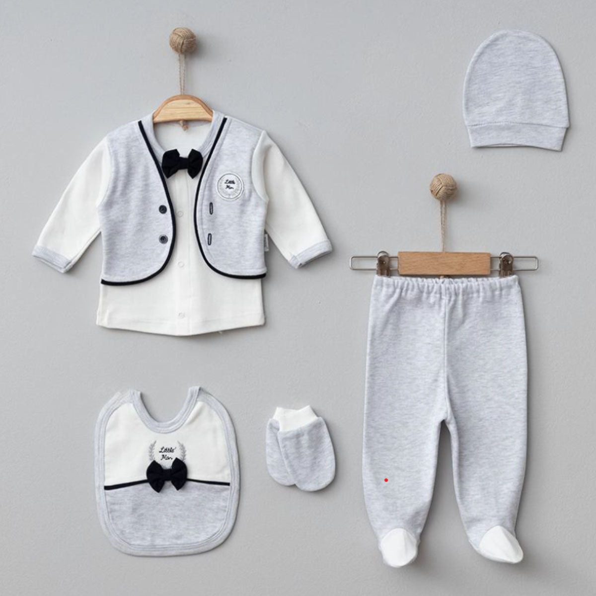 Set Neonato/ Bimbo Elegante 5 Pezzi in caldo cotone Smoking con Papillon Grigio