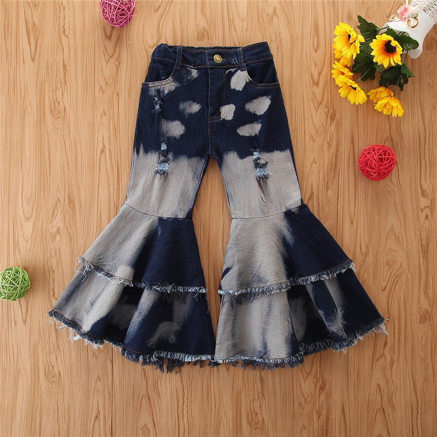 Jeans Bambina Tie-Dye a Zampa con Volant e Strappi