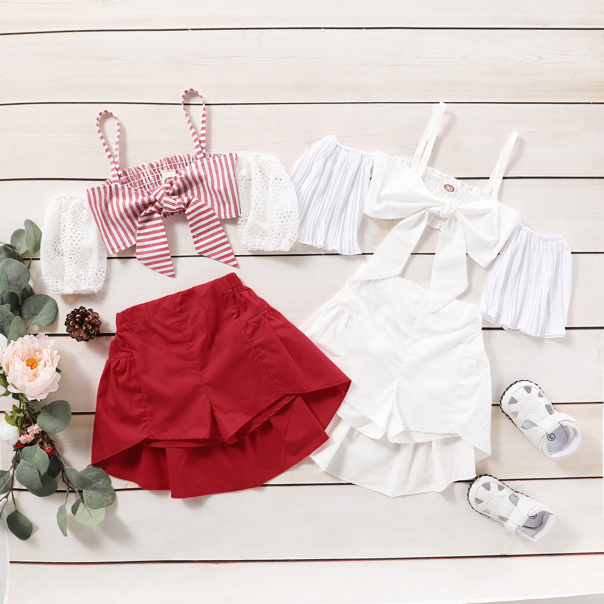 Completo Estivo Bambina  Top con Maniche a Palloncino e Gonna Pantalone Asimmetrica