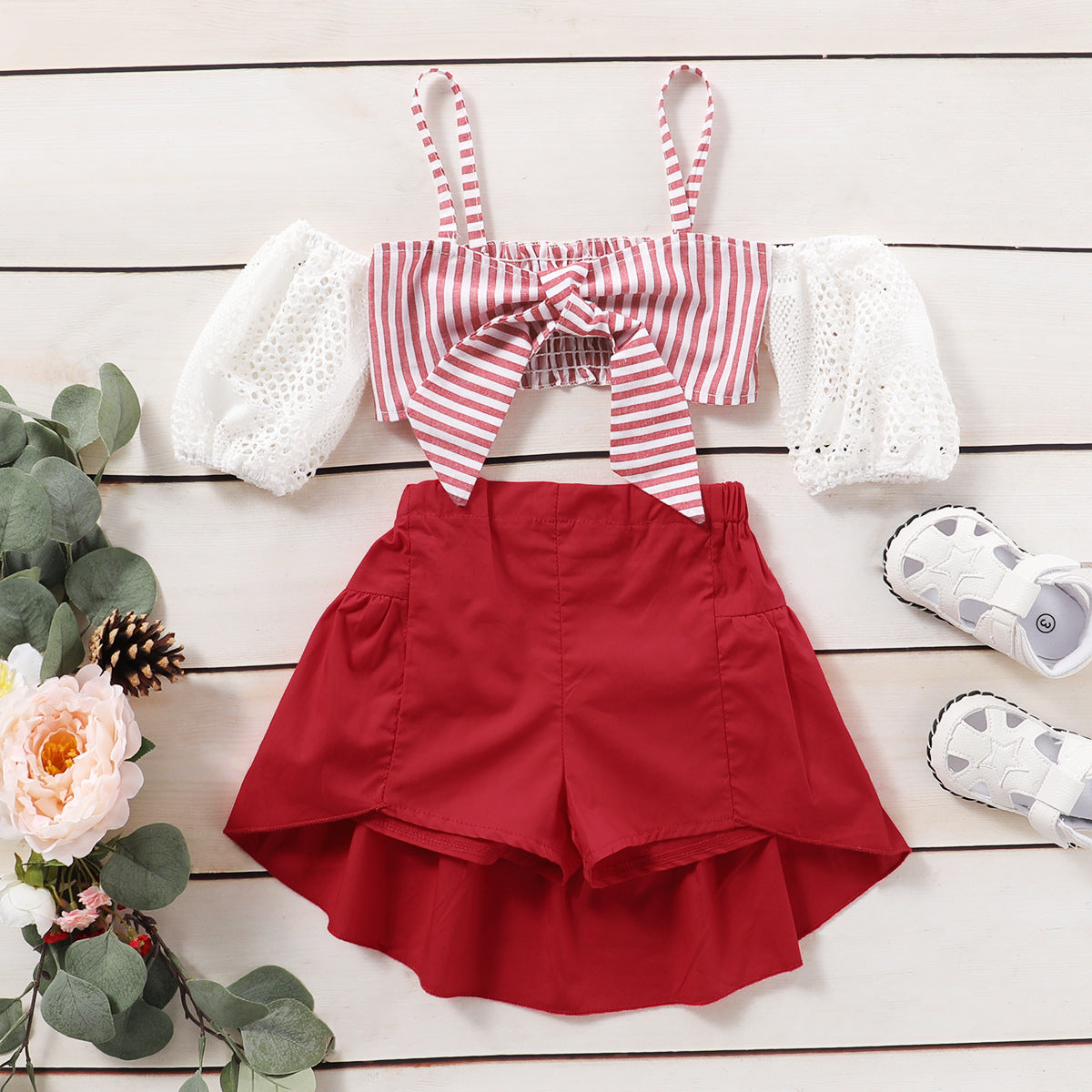 Completo Estivo Bambina  Top con Maniche a Palloncino e Gonna Pantalone Asimmetrica