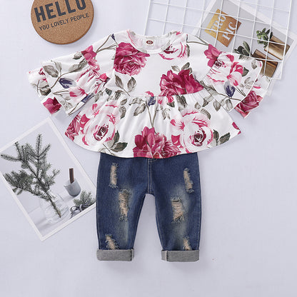Completo Bambina Floreale  Blusa a Fiori con Maniche a Campana e Jeans Strappati