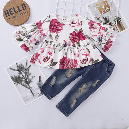 Completo Bambina Floreale  Blusa a Fiori con Maniche a Campana e Jeans Strappati