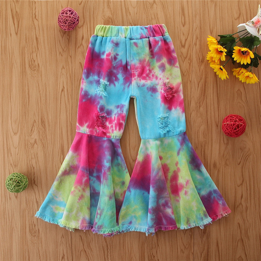 Jeans Bambina Tie-Dye Multicolor a Zampa con Strappi e Orlo Sfrangiato