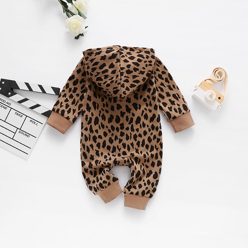 Tutina Neonato/ Bimbo con Cappuccio e Stampa Animalier Primavera-Autunno