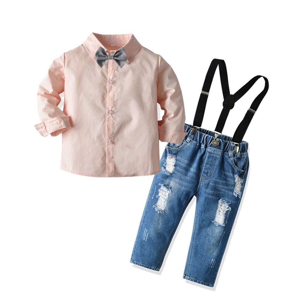 Completo Elegante Bambino   Camicia rosa   con Papillon + Jeans con Bretelle