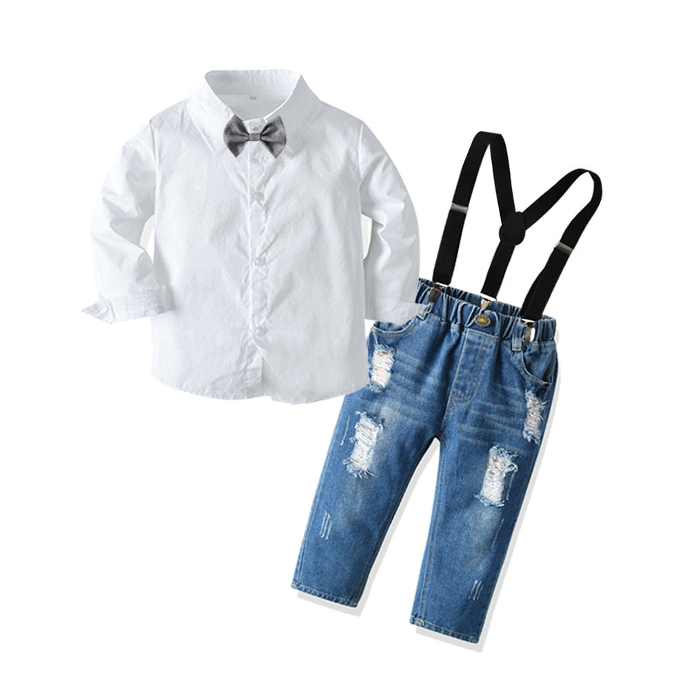 Completo Elegante Bambino   Camicia bianca  con Papillon + Jeans con Bretelle