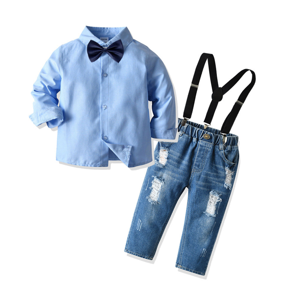 Completo Elegante Bambino  Camicia Azzurra con Papillon + Jeans con Bretelle