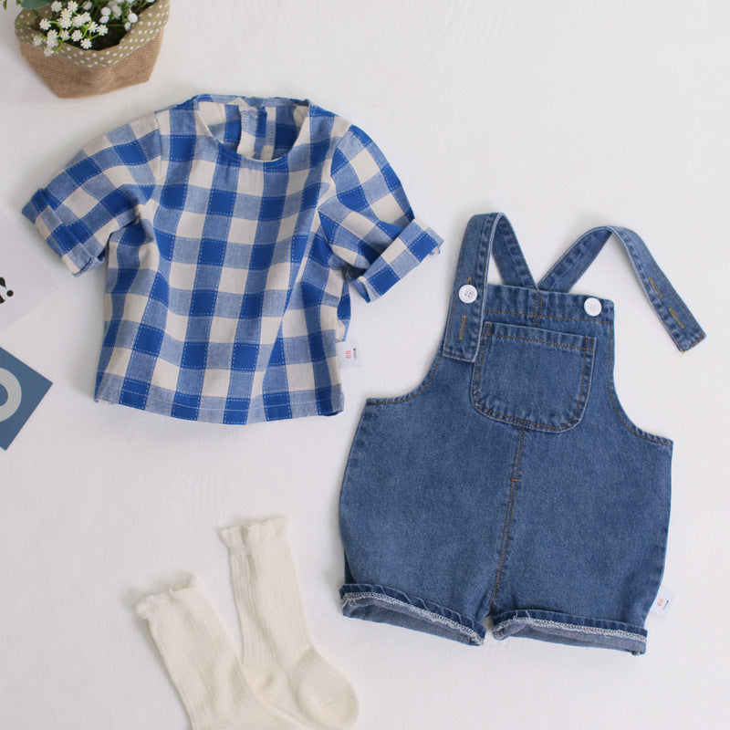 Completo Estivo Bimbo con Salopette in Jeans e Camicia a Quadri