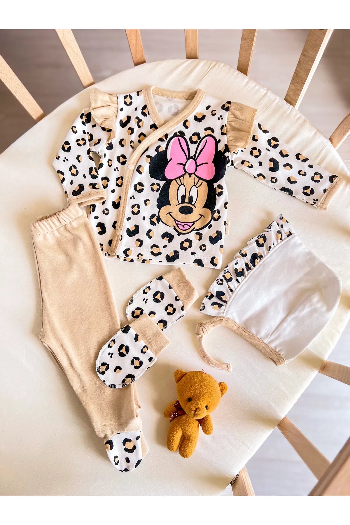 Set 4 Pezzi Neonata/ bimba con Stampa Minnie Leopardata in Cotone