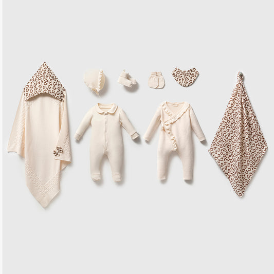 Set Nascita 8 Pezzi Neonata   Eleganza Safari con Dettagli Leopardati avorio