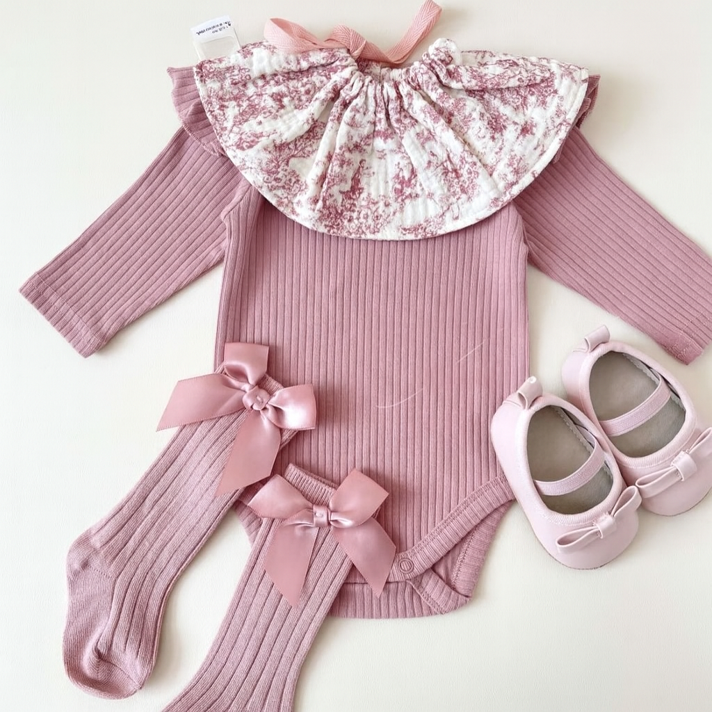 Body in maglia rosa + calzini con fiocco e bavetta coordinata