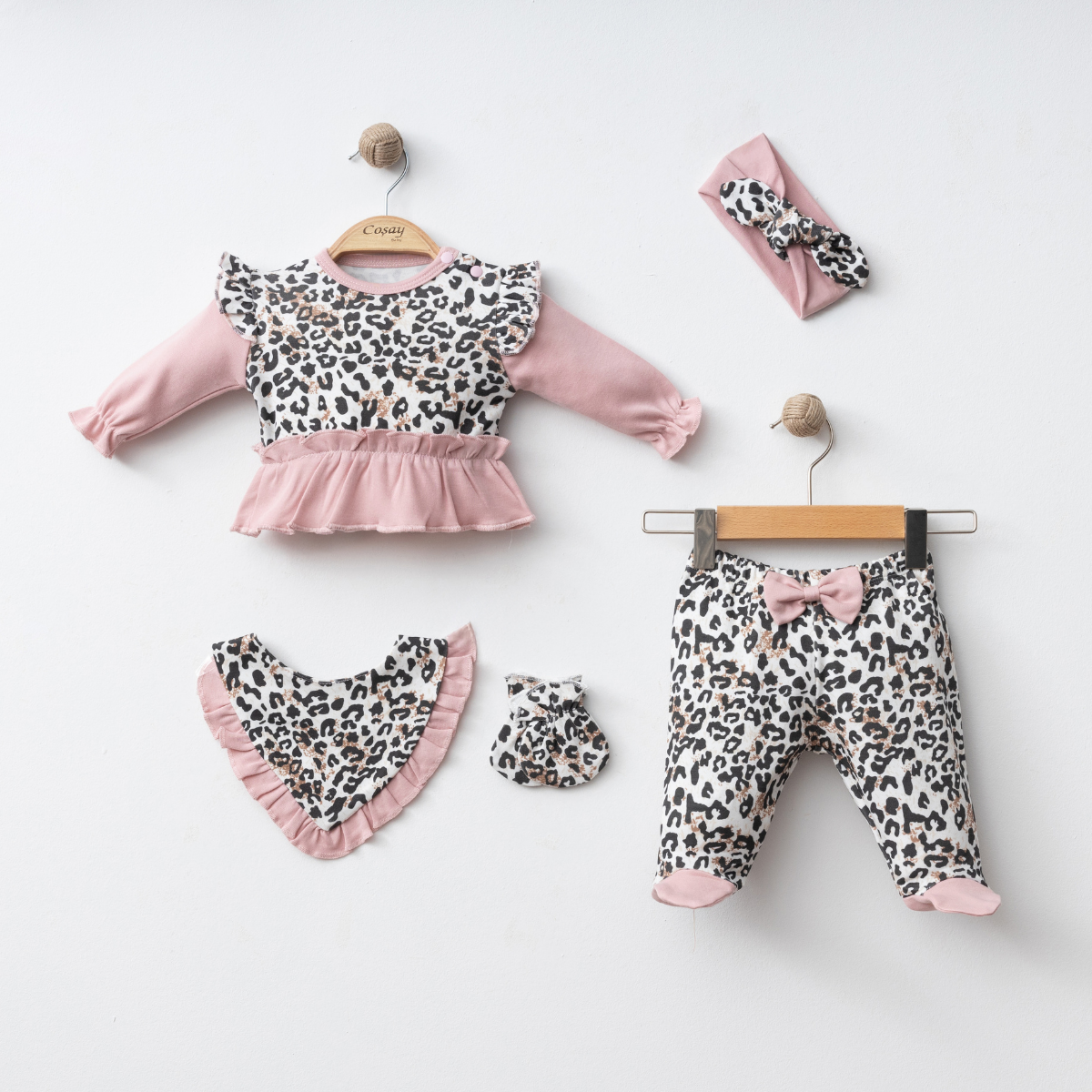 Set Neonata/ Bimba 5 pezzi Leopardato Rosa in cotone