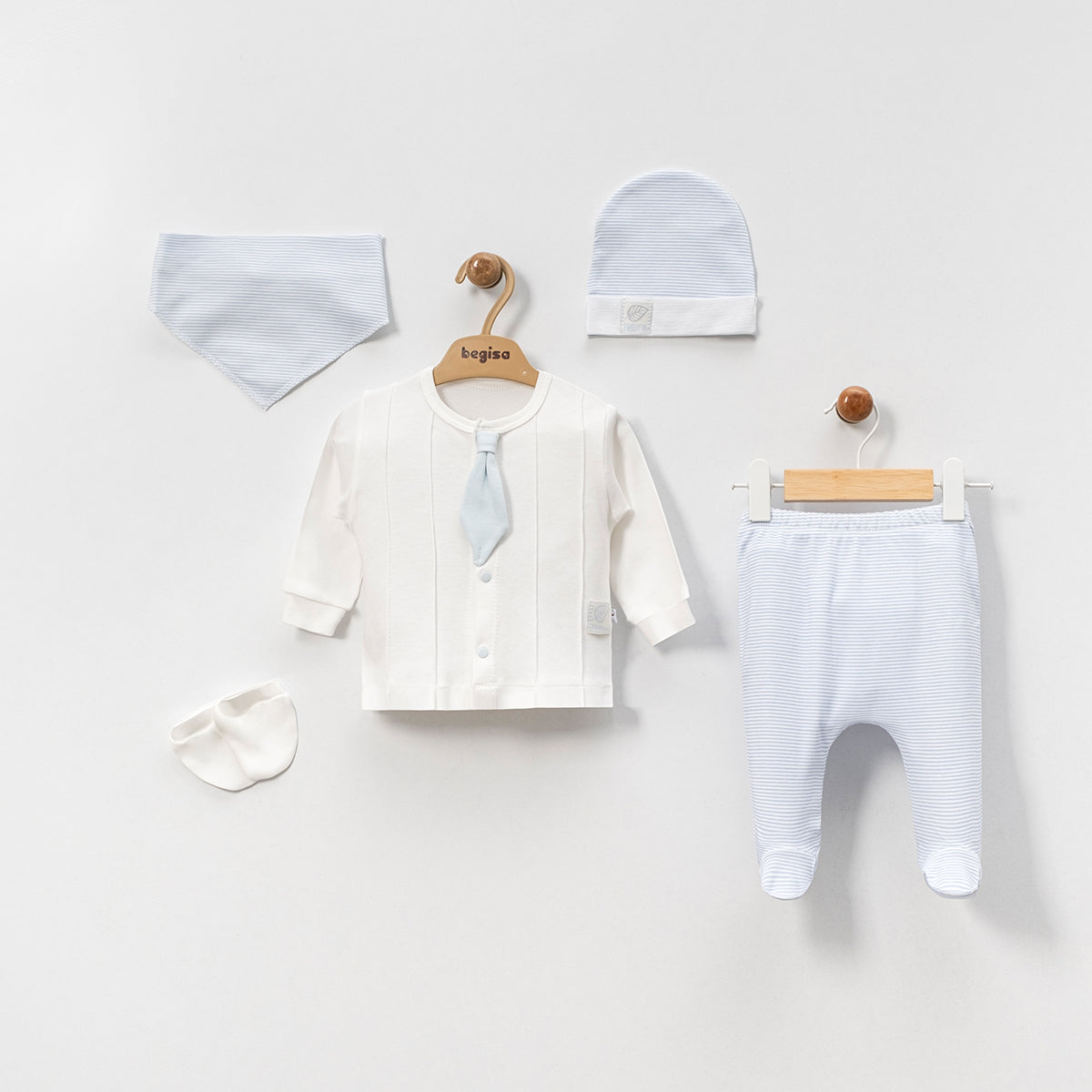 Set Neonato/ Bimbo Elegante Celeste 5 Pezzi in Cotone