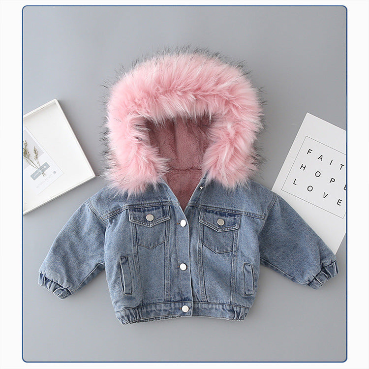Giubbino in jeans con interno peluche e cappuccio eco-pelliccia – Bambino/a (Rosa & Beige)