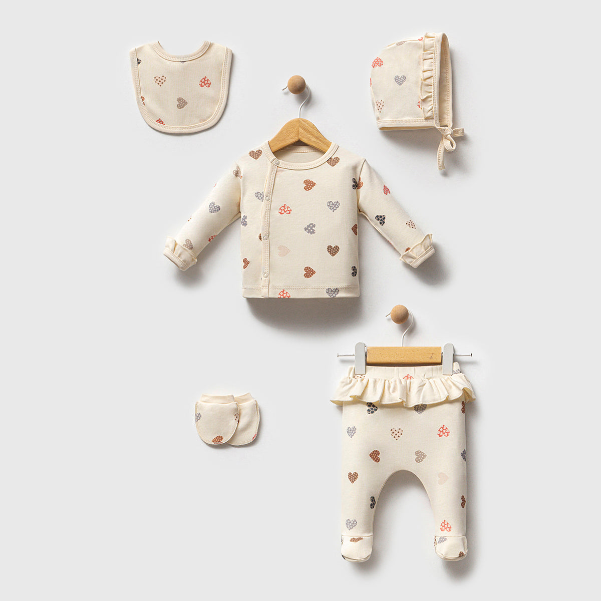 Set Nascita Neonata/ Bimba in Cotone Completo 5 Pezzi con Fantasia Cuori