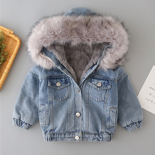 Giubbino in jeans con interno peluche e cappuccio eco-pelliccia – Bambino/a (Rosa & Beige)