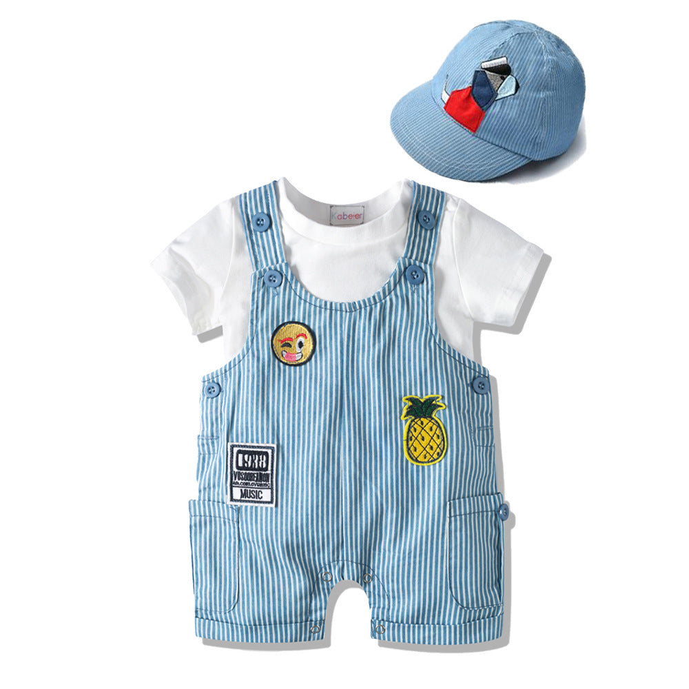 Pagliaccetto estivo bambino: salopette a righe con patch + t-shirt + cappellino