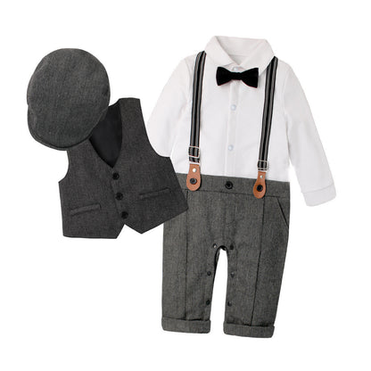 Completo Neonato Elegante 4 Pezzi  Camicia, Gilet, Pantaloni con Bretelle e Coppola in Stile Vintage