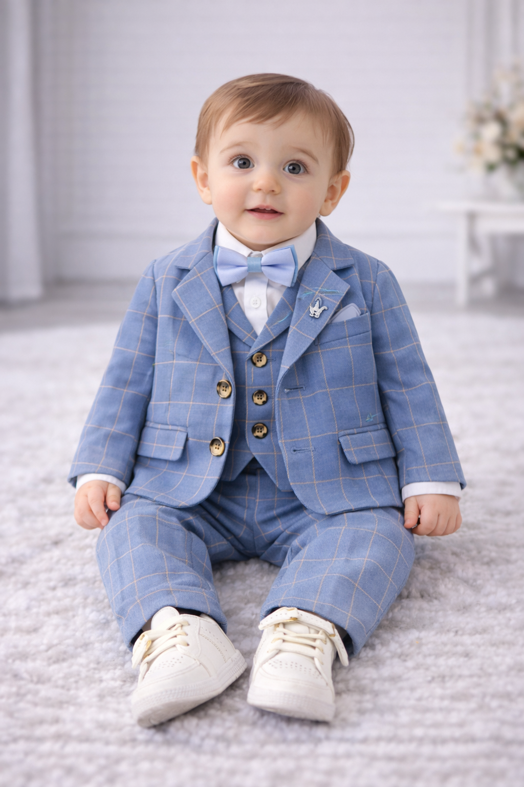 Completo Elegante Bambino 5 Pezzi  Azzurro  Quadrettato con Papillon