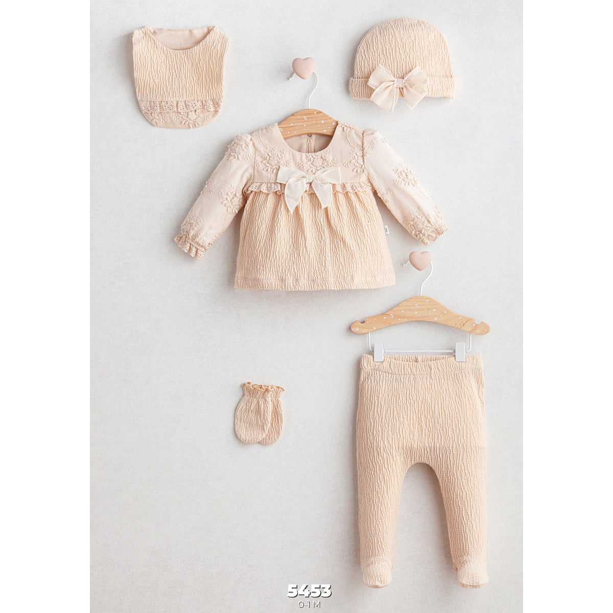 Set Neonata/ Bimba 5 pezzi con fiocco 100% Cotone Beige